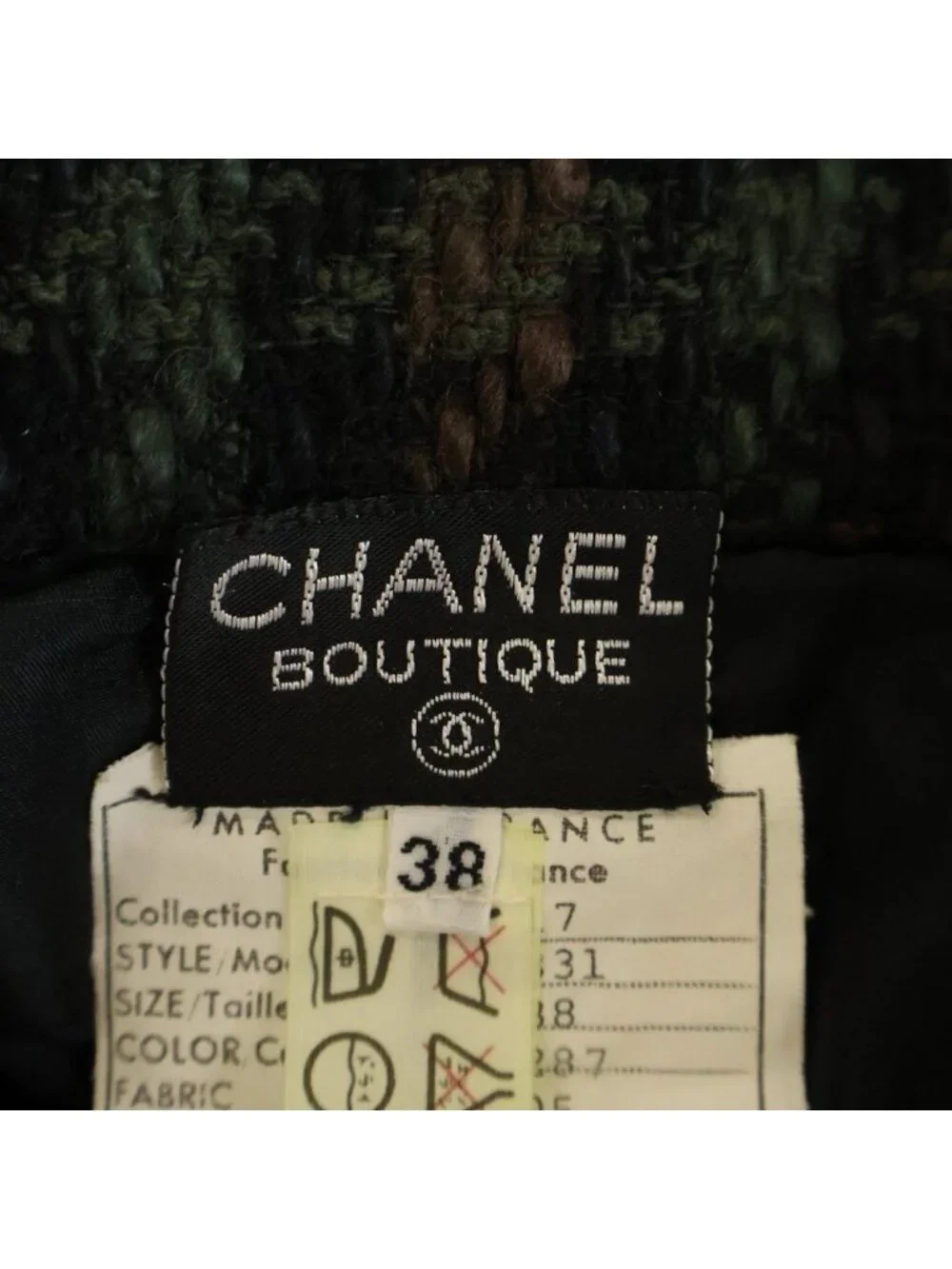 Chanel Coco Button Wool Tweed Set Vintage Tight Skirt 38 Black Green Brown